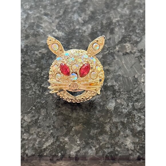 Gold-Tone Rabbit Face or Cat Brooch With Rhinestones & Red Gem Eyes Sparkles - Picture 4 of 10